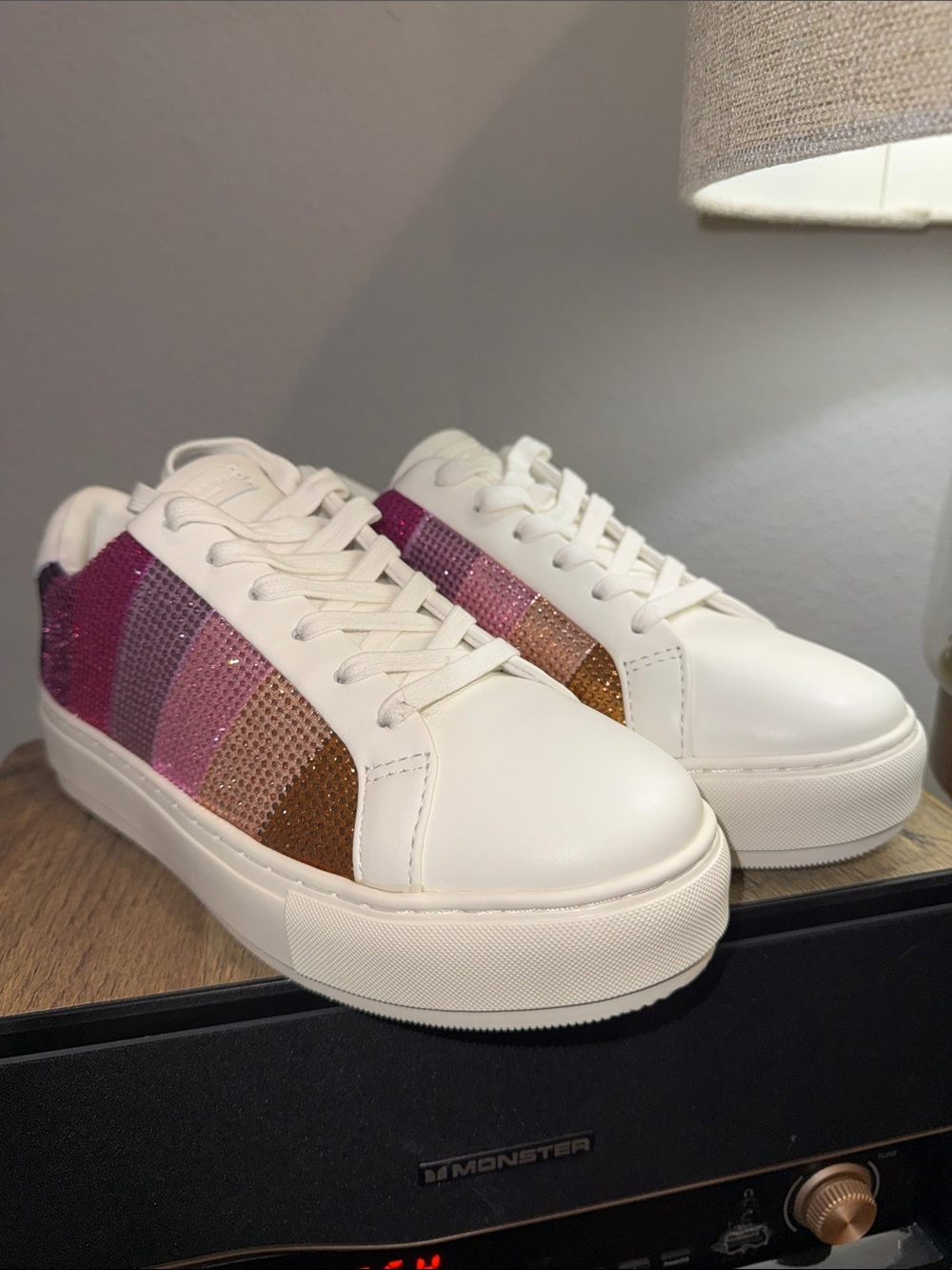Kurt Geiger White Sneakers with Pink Laney Stripe Crystals NIB